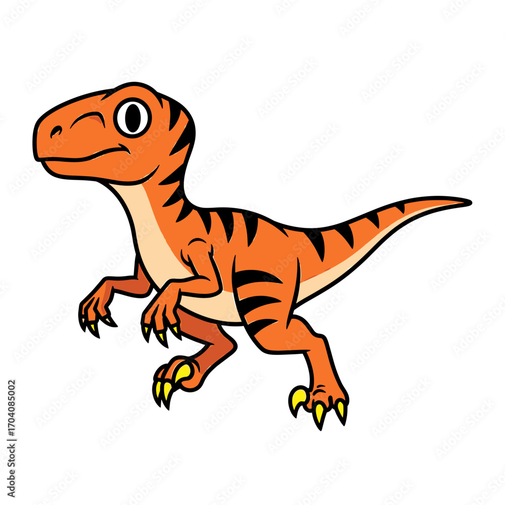 Obraz premium A cute, orange cartoon velociraptor with black stripes winking playfully on a white background.
