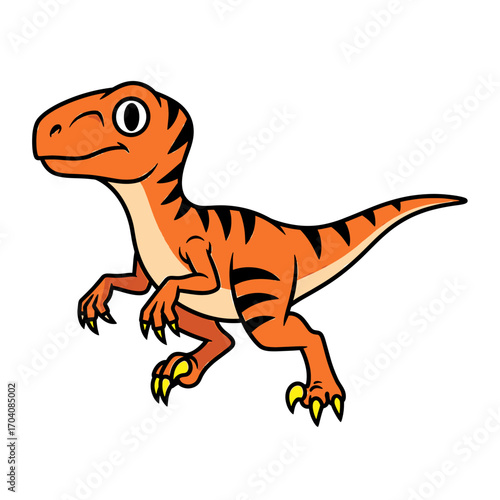 A cute, orange cartoon velociraptor with black stripes winking playfully on a white background.