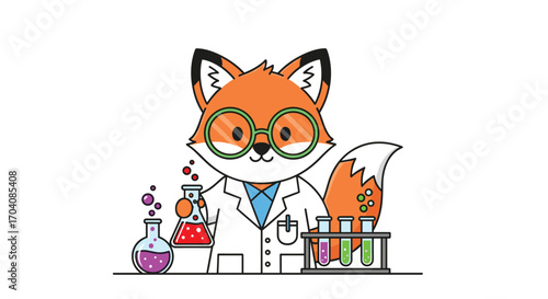 Clever Fox Cartoon Scientist Conducting Experiments in a Bright Laboratory, Exploring Innovative Biology Education