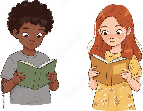 A cute illustration of two diverse children, a boy and a girl, reading books together.
