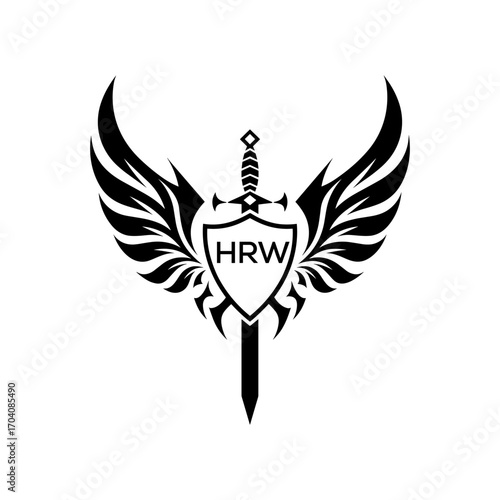 HRW  "Warrior Shield and Sword Emblem with Wings Logo," HRW Later Logo,  "Black Tribal Winged Sword Crest Vector," 
