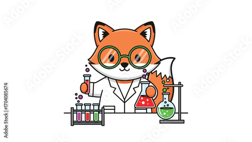 Whimsical fox cartoon scientist, a smart mammal for laboratory research. This joyful vector graphic represents a playful science experiment, learning, and discovery