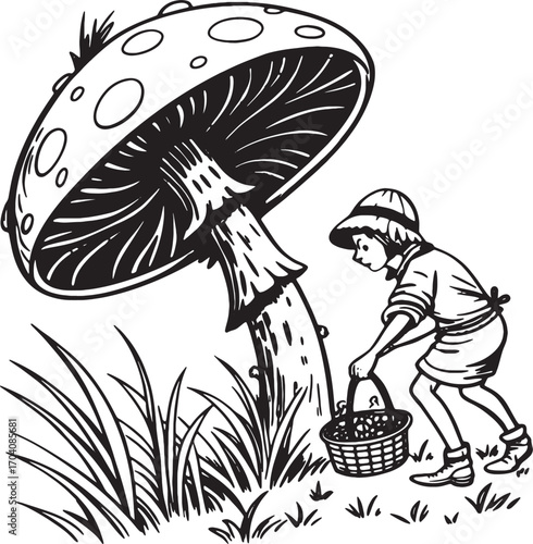 Young Explorer and Mushroom: A curious child embarks on an enchanting journey in a whimsical landscape, delicately gathering mushrooms beneath the colossal cap of a fairytale-like fungus. 