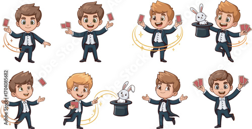 Cartoon magician performing magic tricks with cards, rabbit, and hat in various poses for entertainment, education, and vector design use