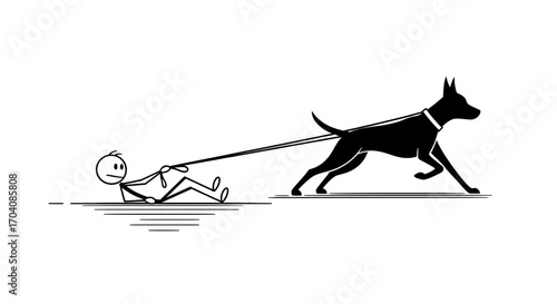 Stick Figure Person Being Dragged by Energetic Dog on Leash - Humorous Pet Walking Struggle Illustration