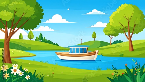 Peaceful river scene with a boat. Lush green landscape with trees, flowers, and a tranquil river