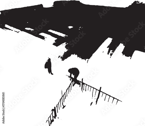 Abstract Rooftop Workers: An abstract depiction of rooftop workers, captured in striking black and white, silhouetted against a contrasting sky.