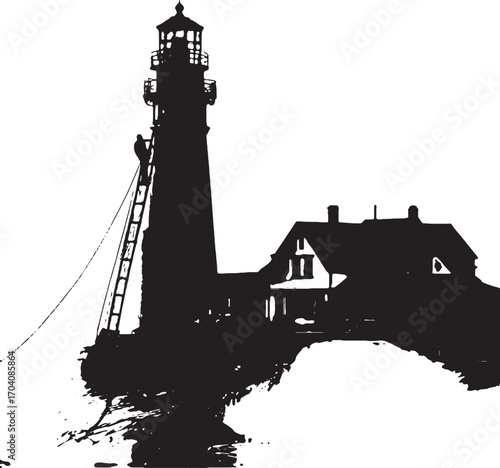 Guiding Light: Silhouetted against the morning sky, a historic lighthouse stands tall, a beacon of hope and guidance. It is located on rocky terrain with small building.