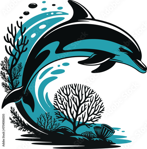 Stylized dolphin leaping through turquoise ocean waves with coral