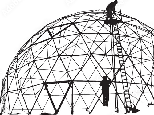 Geodesic Dome Construction: A detailed illustration of workers meticulously constructing a geodesic dome, showcasing the geometric precision and architectural complexity of this unique structure.