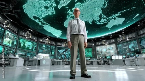 Global Oversight: An authoritative figure stands resolute in a high-tech command center, a vast world map illuminating the backdrop, signifying leadership and global monitoring