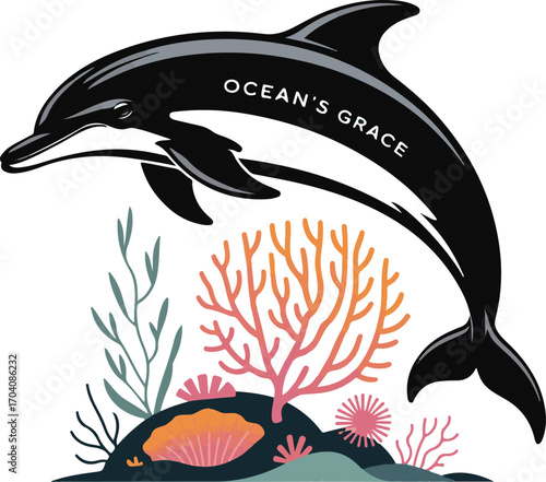 Black dolphin leaping from ocean coral reef illustration