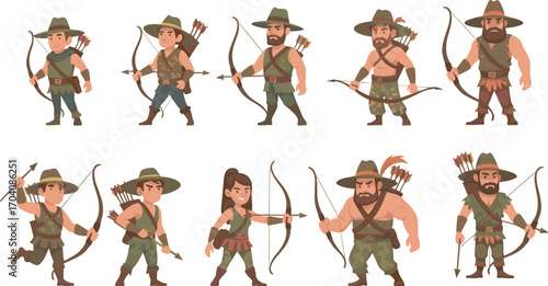 Cartoon wilderness archers and hunters with bows, arrows, rugged outfits, fantasy gear, diverse characters in forest survival vector illustration
