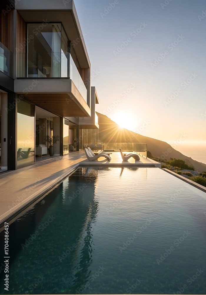 Fototapeta premium Serene coastal mansion with infinity pool reflecting the sunrise glow