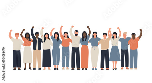Diverse group of people standing together with arms raised in a show of unity and support