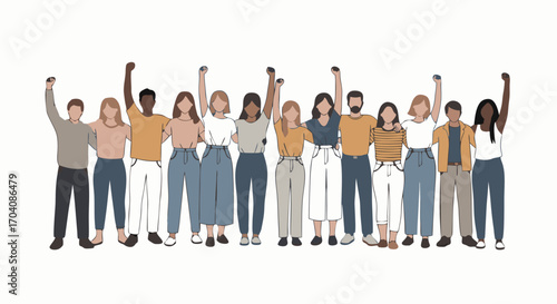 Diverse group of people standing together, raising fists in solidarity and celebrating unity
