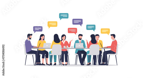 Team collaboration and discussion at modern office meeting with speech bubbles and laptops