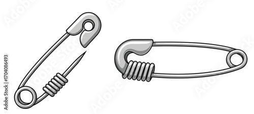 Safety pins, metal fastener, security, clothing repair, tailoring, first aid, isolated object, simple mechanism, fixing, sewing supplies, small element, vector icon