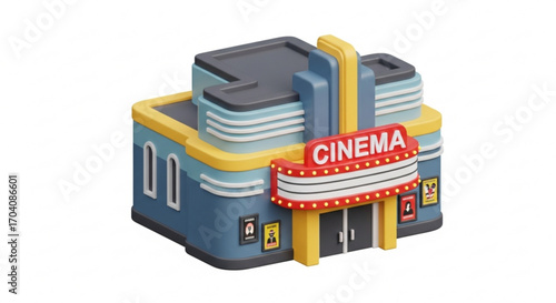 Charming cartoon cinema building, a delightful miniature rendition of a classic movie theater, complete with marquee