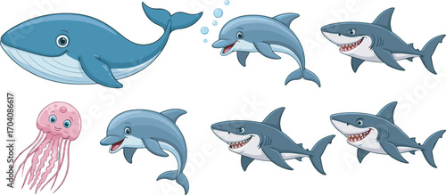 Cartoon sea animals vector set featuring whale, dolphin, jellyfish, shark, crab, octopus, starfish, seahorse, bubbles, underwater theme