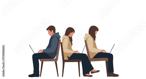 Three individuals working diligently on laptops, focused on their tasks in a modern setting