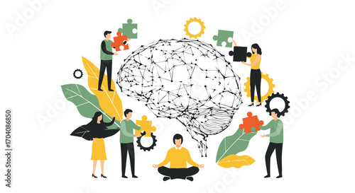 Teamwork assembling brain puzzle for mental health, innovation, and creative solutions