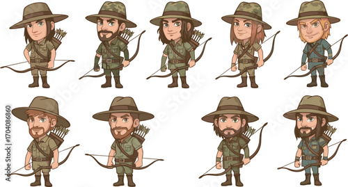 Cartoon wilderness archers and hunters with bows, arrows, rugged outfits, fantasy gear, diverse characters in forest survival vector illustration