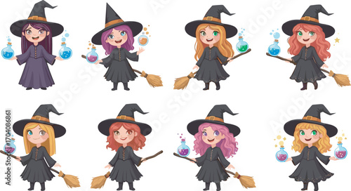 Cartoon witches with colorful potions and broomsticks in black outfits, magical Halloween fantasy characters for spooky seasonal vector illustration.