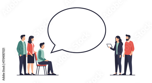 Team brainstorming session with empty speech bubble for ideas and creative discussion