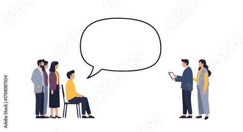 Business team presentation with speech bubble, discussing ideas, and collaboration with modern style