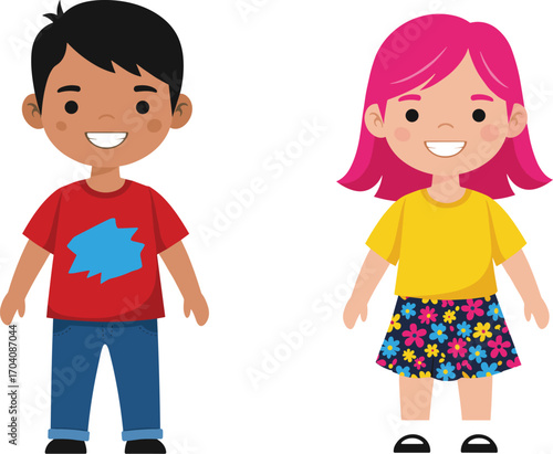 Happy diverse children standing together with smiling faces, a young boy and a girl.