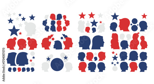 Diverse community silhouettes in patriotic red, white, and blue, celebrating unity and democracy