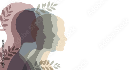 Abstract silhouettes of diverse faces and foliage in soft, muted colors, representing unity.