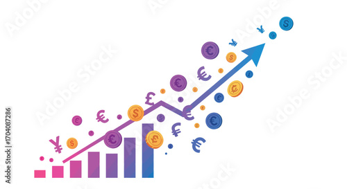 Global financial growth illustrated with currency symbols and rising graph