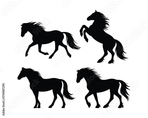 Elegant collection of four black horse silhouettes in dynamic poses, including standing, running, and rearing