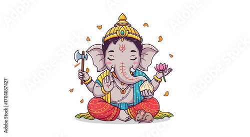 A cartoon depiction of the Hindu god Ganesha, seated in a meditative pose, holding lotus and axe.
