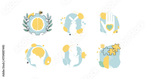 Modern illustrations representing mental health, problem solving, and emotional well-being concepts