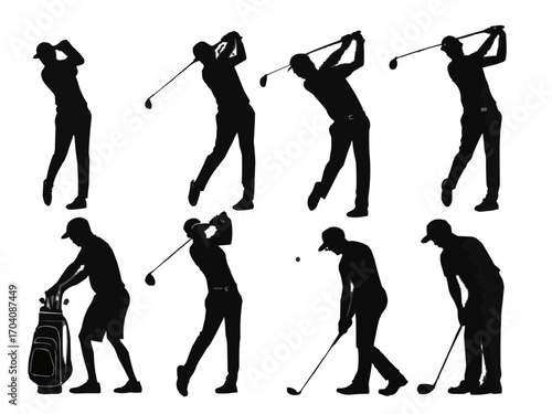 Silhouette illustration showing a series of golfers in various stages of their golf swing motion