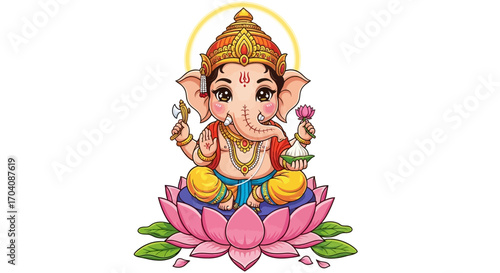 A cartoon depiction of the Hindu deity Ganesha, seated on a lotus flower, holding objects.