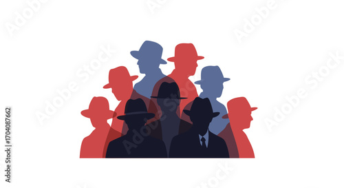 Silhouettes of men in fedora hats, a mysterious group of figures in shades of red and blue