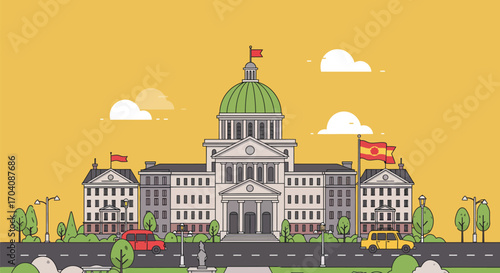Stylized illustration of a grand building with flags and vehicles