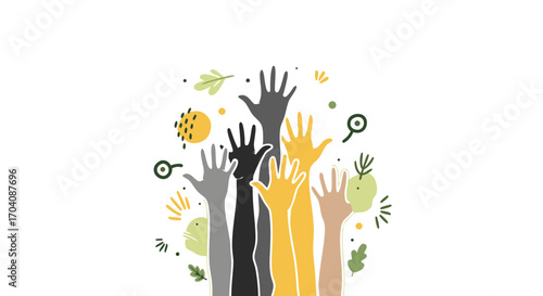 Diverse hands raised in unity, celebrating community and teamwork with vibrant colors