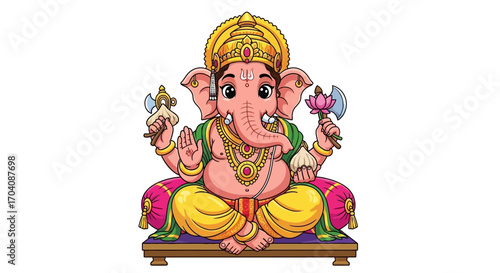 Cartoon illustration of Lord Ganesha, the Hindu deity, seated with four arms, holding a lotus, axe, and offering a blessing.