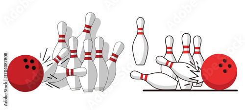 Bowling ball striking pins in two separate frames of the bowling game on a white background image