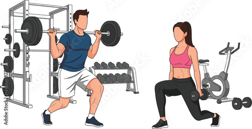 Man lifting barbell, woman doing dumbbell lunges, gym workout illustration, strength training, weightlifting, fitness equipment, healthy lifestyle, squat, lunge