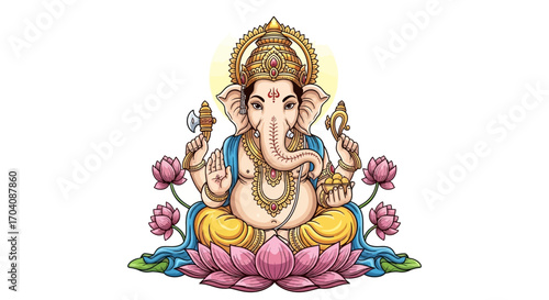 A vibrant illustration of the Hindu deity Ganesha, seated on a lotus flower with a golden halo.