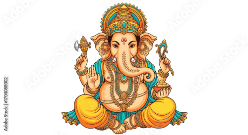 Ornate illustration of Lord Ganesha, Hindu deity, seated in regal attire, holding symbolic objects.
