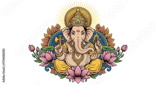 Colorful illustration of Hindu deity Ganesha, seated amidst lotus flowers and ornate details.