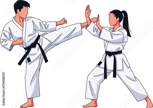 Male and female karate practitioners practicing martial arts, black belt training, self-defense techniques, karate kicks and blocks, martial arts competition training