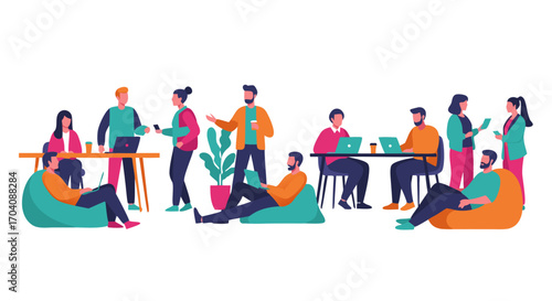 Collaborative workspace with modern professionals working on laptops, discussing ideas, and innovating